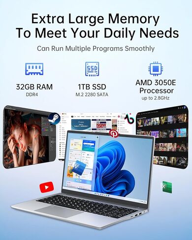 15.6“ 32GB RAM+1TB Laptop Computer, Win11 2C4T AMD Radeon 3050E 1.7-3.4GHz Notebook Computer, Fingerprint Reader, 6000mAh Battery PC, WiFi 2.4/5GHz, Bluetooth 4.2, Silver in Saudi Arabia
