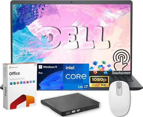 كمبيوتر محمول Dell Inspiron 15 FHD يعمل باللمس، معالج Intel Core i7 1355U الثالث عشر، مكتب MS Office مجاني مدى الحياة، ذاكرة وصول عشوائي 32 جيجابايت، SSD 1 تيرابايت، محرك أقراص DVD خارجي + ماوس، كمبيوتر محمول للأعمال والطلاب مقاس 15.6 بوصة، Windows 11 Pro in Kuwait