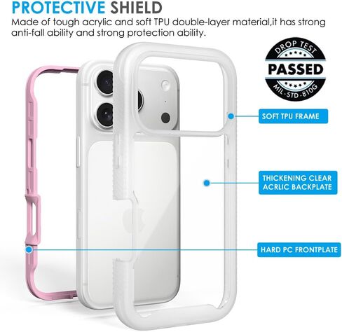 Puxicu Acrylic 2 in 1 for iPhone 17 Pro MAX Case，Anti-Yellowing, Military-Grade Protection, Drop Shockproof Slim Phone Cover for iPhone 17 Pro MAX 6.9", Light Pink in Kuwait
