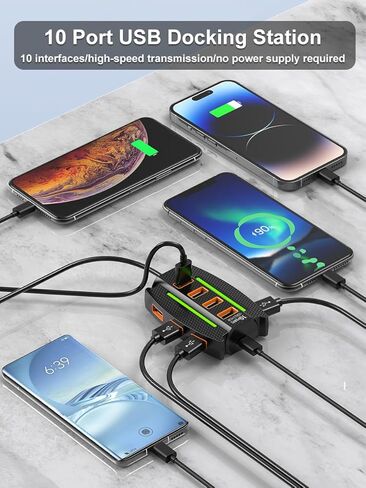 10 Port USB Hub with Cable for USB 2.0 3.0 Expansion Charging Data Transfer, Hub for Home Office Laptop Travel Use, Black in Saudi Arabia