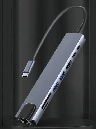 محول متعدد المنافذ USB C 8 في 1 مع 4K HDMI، RJ45 Ethernet، شحن 100W PD، منافذ USB 3.0، قارئ بطاقة SD/TF، ​​محطة إرساء من النوع C لجهاز MacBook Pro، الكمبيوتر المحمول in Kuwait
