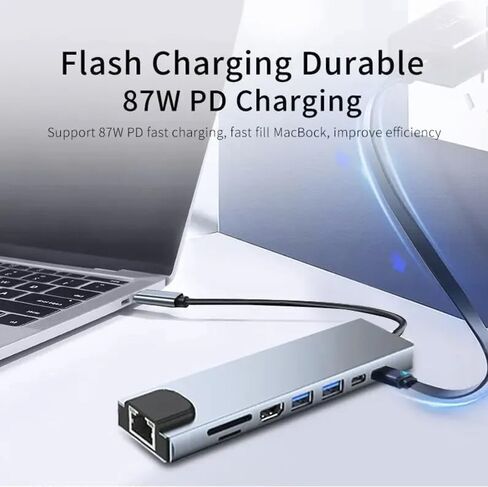 محول متعدد المنافذ USB C 8 في 1 مع 4K HDMI، RJ45 Ethernet، شحن 100W PD، منافذ USB 3.0، قارئ بطاقة SD/TF، ​​محطة إرساء من النوع C لجهاز MacBook Pro، الكمبيوتر المحمول in Kuwait