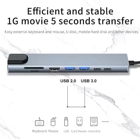 محول متعدد المنافذ USB C 8 في 1 مع 4K HDMI، RJ45 Ethernet، شحن 100W PD، منافذ USB 3.0، قارئ بطاقة SD/TF، ​​محطة إرساء من النوع C لجهاز MacBook Pro، الكمبيوتر المحمول in Kuwait