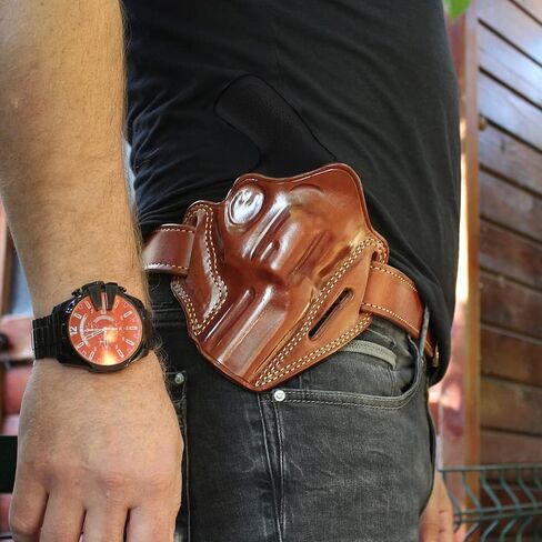 حافظة حزام Masc Premium The Ultimate Leather Pancake OWB مفتوحة من الأعلى، King Cobra/Viper 357 Mag 6-Shot 3 بوصة، رسم باليد اليمنى، لون بني #1631# in Kuwait