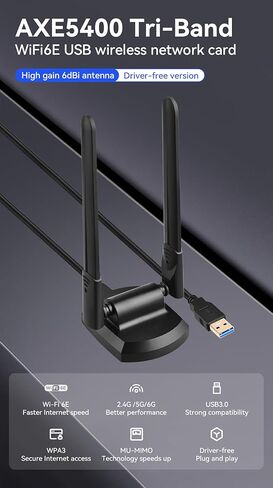 محول واي فاي AXE5400 ثلاثي النطاق واي فاي 6E USB للكمبيوتر المكتبي والكمبيوتر المحمول، هوائي عالي الكسب 6dBi، بدون سائق، USB 3.0، أمان WPA3، MU-MIMO، تبديد الحرارة، يدعم لعبة Esport، Windows 11/10 in Kuwait