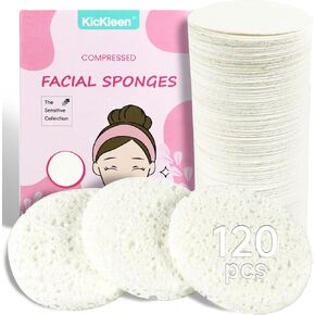 120-Count Compressed Facial Sponges|Kickleen 100% Natural Cellulose Cosmetic Spa Sponges for Daily Facial Cleansing|Makeup And Mask Removal|Exfoliating|Skin Massage|Pore Exfoliation (120 Count (Pink)) in Kuwait