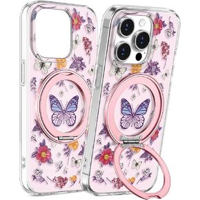 Loheckle for iPhone 17 Case with Stand- Compatible with MagSafe Women Girls Cute Clear Girly Aesthetic Unique Design Soft TPU Magnetic Ring Phone Cover for Apple 17, Purple Flower in Saudi Arabia