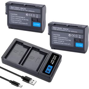 بطاريات EN-EL15 /EL15A/EL15B/EL15C مع شاحن USB مزدوج متوافق مع كاميرات Nikon Z6 Z7 D500 D600 D610 D750 D780 D800 D800E D810 D810A D850 D7000 D7100 D7200 D7500 2550 مللي أمبير في الساعة in Kuwait
