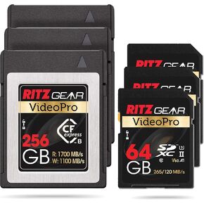 RITZ GEAR VideoPro CFExpress Type B 256GB Card (1700/1100 R/W) (Not Recommended for Nikon Cameras). + UHS-II 64GB SDXC Memory Card U3 V60 A1(Pack of 3 Units) in Kuwait