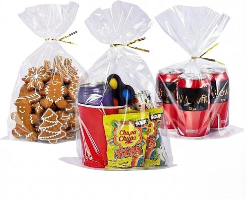 Wowfit 8x12 Clear Cellophane Gift & Goodie Bags, 50 CT, 6" Gold Twist Ties in Saudi Arabia