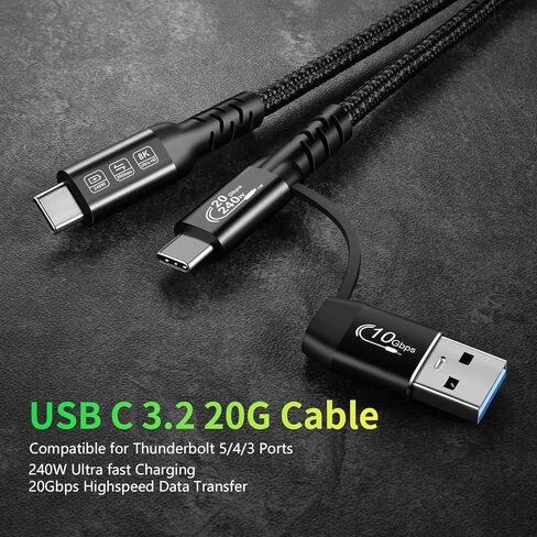 USB C Cable,USbC 3.2 Gen 2X2 20Gbps,Multi Functional 2in1 USB A to Type C 8K@60Hz UHD Video 5A/240W PD3.1 Fast Charge Cord Compatible with Thunderbolt 3/4 MacBook Pro Samsung (USB C 100CM) in Saudi Arabia