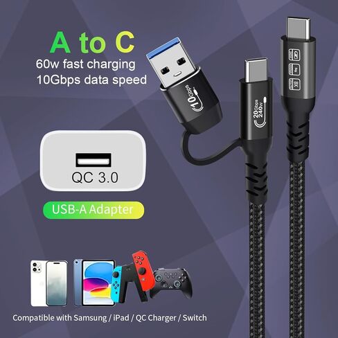 USB C Cable,USbC 3.2 Gen 2X2 20Gbps,Multi Functional 2in1 USB A to Type C 8K@60Hz UHD Video 5A/240W PD3.1 Fast Charge Cord Compatible with Thunderbolt 3/4 MacBook Pro Samsung (USB C 100CM) in Saudi Arabia