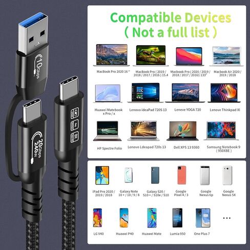 USB C Cable,USbC 3.2 Gen 2X2 20Gbps,Multi Functional 2in1 USB A to Type C 8K@60Hz UHD Video 5A/240W PD3.1 Fast Charge Cord Compatible with Thunderbolt 3/4 MacBook Pro Samsung (USB C 100CM) in Saudi Arabia