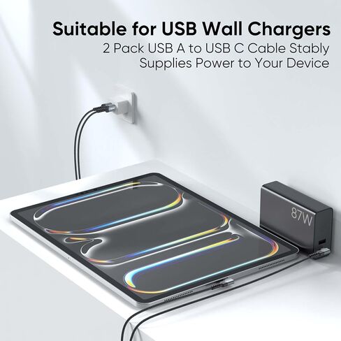 USB to USB C Cable 10ft Right Angle, 3A Fast Charging 90 Degree Long Type C 2.0 Data Transfer Cord Braided for Switch, Steam Deck, iPhone 17/16/15, Galaxy Andriod Phone, MacBook Pro/Air, Tablet-2 Pack in Kuwait