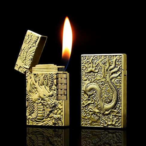 Dragon Relief Design, Side Wheel Frosted Lighter, refillable Butane, Soft Flame Lighter, flip, Outdoor, Camping, Men's Gift（Free of Butane Gas） Sliver in Saudi Arabia