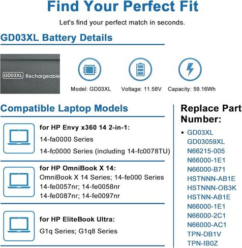 GD03XL Laptop Battery Replacement for HP Envy x360 14 2-in-1 14-fa0000 OmniBook X 14 EliteBook Ultra G1q EliteBook Ultra G1q8 Series Notebook GD03059XL N66215-005 N66000-1E1 N66000-B71 11.58V 59.16Wh in Kuwait