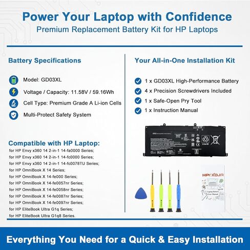 GD03XL Laptop Battery Replacement for HP Envy x360 14 2-in-1 14-fa0000 OmniBook X 14 EliteBook Ultra G1q EliteBook Ultra G1q8 Series Notebook GD03059XL N66215-005 N66000-1E1 N66000-B71 11.58V 59.16Wh in Kuwait