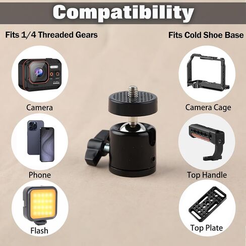 2 PCS 360 Degree Mini Ball Head with Hot Shoe Mount Adapter 1/4 Tripod Screw Head for Cameras Camcorders Smartphone Microphone Gopro Canon LED Video Light Video Monitor Tripod Monopod in Saudi Arabia