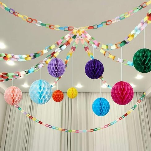 Lincia Paper Chain Garland Hanging Decorations, 600 Sheet Paper Chain Strips 2 Rolls of Tape and 10 3D Honeycomb Hanging Ornaments for Party Ceiling Decor(Decorative Red Green,Christmas Tree Style) in Saudi Arabia