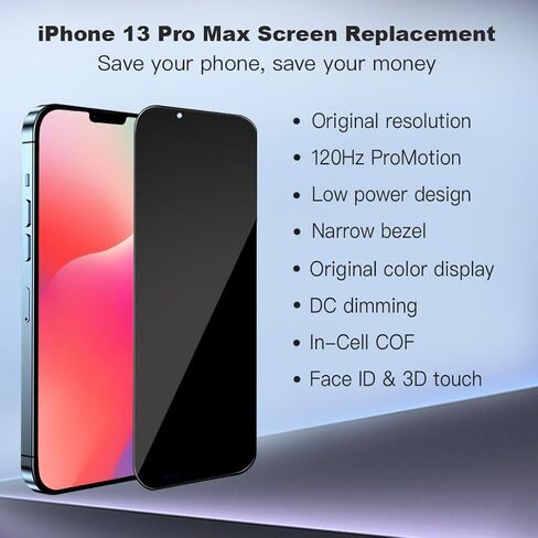 for iPhone 13 Pro Max Screen Replacement 6.7 inch COF LCD Display 3D Touch IPS FHD Digitizer Full Assembly with Repair Tool Kits, Screen Replacement,120Hz Promotion in Saudi Arabia