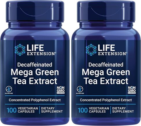 مستخلص الشاي الأخضر الكبير Life Extension (98% بوليفينول) منزوع الكافيين، بوليفينول egcg أكثر مما يعادل عدة أكواب من الشاي الأخضر - نباتي - غير معدل وراثيًا، 100 كبسولة نباتية in Kuwait