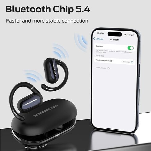 Monster Open Ear AC322، سماعة بلوتوث 5.4، عمر بطارية 36 ساعة، مقاومة للماء IPX5، اتصال واضح، تصميم مريح، زاوية الأذن قابلة للتعديل، ليس من السهل أن تسقط سماعة بلوتوث لاسلكية. in Saudi Arabia