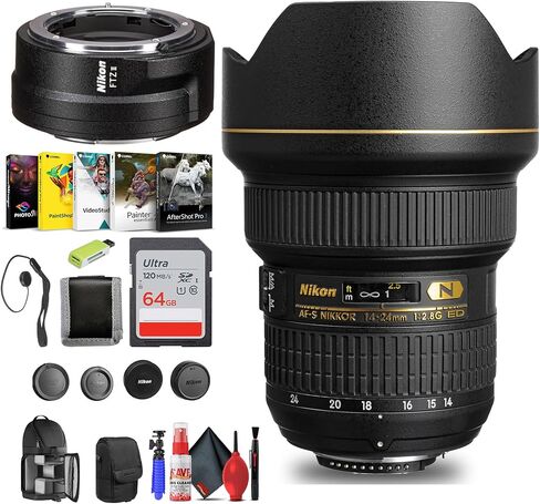 عدسة Nikon AF-S NIKKOR مقاس 14-24 مم f/2.8G ED لكاميرات DSLR بصيغة FX (2163) + محول FTZ II + بطاقة ذاكرة سعة 64 جيجابايت + مجموعة مرشح + قارئ بطاقات + برامج صور + المزيد (متجدد) in Saudi Arabia