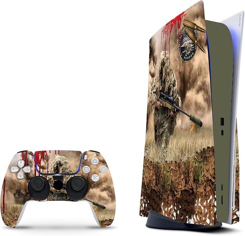 ZOOMHITSKINS Compatible with PS5 Skin, Sniper Camouflage Battle Soldier War, Durable, Bubble-Free, W/Disk Version, Precisely Cut in Saudi Arabia