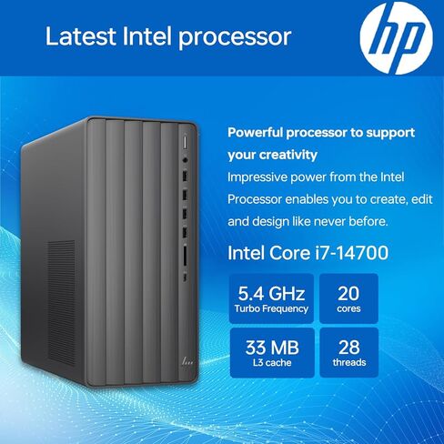 كمبيوتر HP Newest Envy Intel i7 Tower، Intel i7-14700 (Beats Intel i9-12900)، ذاكرة الوصول العشوائي 64 جيجابايت، 2 تيرابايت PCIe M.2 SSD، Wi-Fi 6، قارئ بطاقة SD، Windows 11 Home، أسود، مع حزمة SSD خارجية ADATA 512 in Kuwait