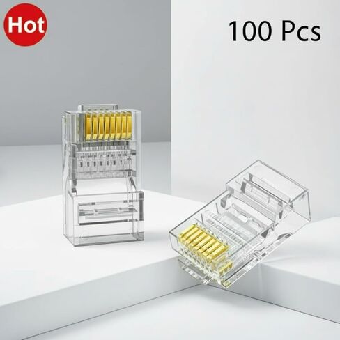 موصلات Cat6 RJ45، 100 عبوة مطلية بالذهب، شريحة ترايدنت، موصلات تجعيد كابل إيثرنت، قابس شبكة UTP للأسلاك الصلبة والكابل القياسي، موصل شفاف in Kuwait