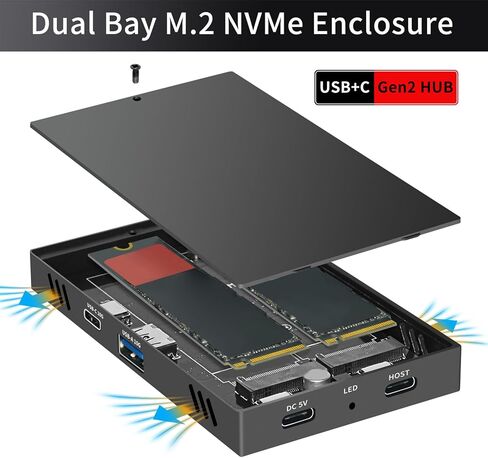 Dual Bay M.2 NVMe SSD Enclosure, Aluminum USB3.2 Gen2 10Gbps Type C USB A Docking Station with Thermal Pad, for PCIe M Key 2230 2242 2260 2280 SSD OS X in Saudi Arabia