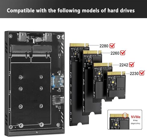Dual Bay M.2 NVMe SSD Enclosure, Aluminum USB3.2 Gen2 10Gbps Type C USB A Docking Station with Thermal Pad, for PCIe M Key 2230 2242 2260 2280 SSD OS X in Saudi Arabia