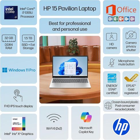 HP Ultra Performance Touchscreen Laptop 2025-2026 Business, Al Copilot, 10-Core Intel Core i7-1355U, 15.6" FHD, 32GB RAM, 1.5TB Storage (1TB SSD+500GB Ext), MarxsolAdd-on, Win 11 Pro, Lifetime Office in Kuwait