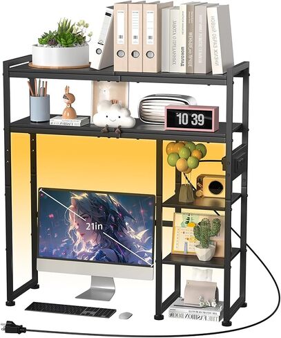 Aetheris Desktop Organizer Shelf, 30" Wooden Office Storage Rack with Outlets, Display Shelf Rack with Light Strip, 5 Tier Desktop Display Rac, Desk Shelf, Desk Hutch for Computer Monitor, Brown in Saudi Arabia