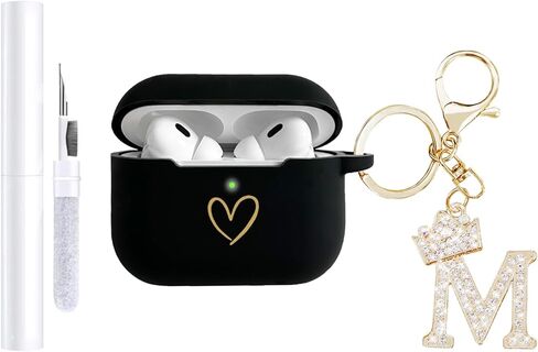 متوافق مع غطاء حافظة AirPods Pro 3 (2025)، حافظة من السيليكون الناعم بنمط قلب ذهبي لحافظة AirPods Pro الجيل الثالث مع سلسلة مفاتيح مرصعة بأحجار الراين A-Z (M أسود) in Kuwait
