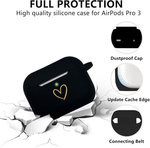متوافق مع غطاء حافظة AirPods Pro 3 (2025)، حافظة من السيليكون الناعم بنمط قلب ذهبي لحافظة AirPods Pro الجيل الثالث مع سلسلة مفاتيح مرصعة بأحجار الراين A-Z (M أسود) in Kuwait