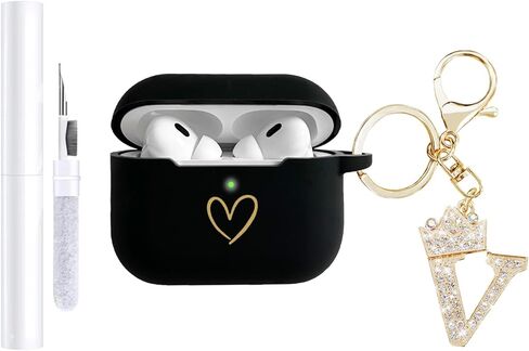 متوافق مع غطاء حافظة AirPods Pro 3 (2025)، حافظة من السيليكون الناعم بنمط قلب ذهبي لحافظة AirPods Pro الجيل الثالث مع سلسلة مفاتيح مرصعة بأحجار الراين A-Z (M أسود) in Kuwait