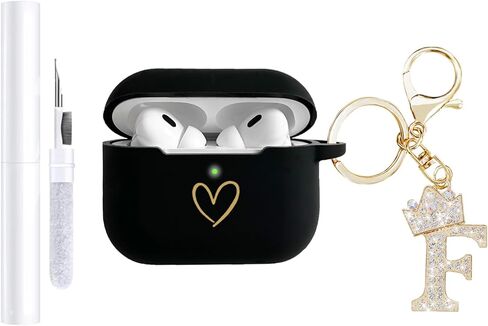متوافق مع غطاء حافظة AirPods Pro 3 (2025)، حافظة من السيليكون الناعم بنمط قلب ذهبي لحافظة AirPods Pro الجيل الثالث مع سلسلة مفاتيح مرصعة بأحجار الراين A-Z (M أسود) in Kuwait
