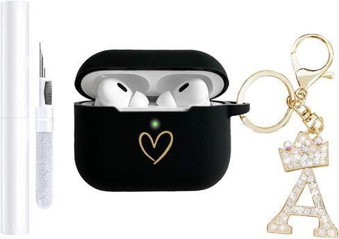 متوافق مع غطاء حافظة AirPods Pro 3 (2025)، حافظة من السيليكون الناعم بنمط قلب ذهبي لحافظة AirPods Pro الجيل الثالث مع سلسلة مفاتيح مرصعة بأحجار الراين A-Z (M أسود) in Kuwait