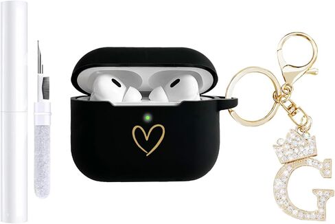 متوافق مع غطاء حافظة AirPods Pro 3 (2025)، حافظة من السيليكون الناعم بنمط قلب ذهبي لحافظة AirPods Pro الجيل الثالث مع سلسلة مفاتيح مرصعة بأحجار الراين A-Z (M أسود) in Kuwait