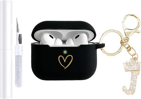 متوافق مع غطاء حافظة AirPods Pro 3 (2025)، حافظة من السيليكون الناعم بنمط قلب ذهبي لحافظة AirPods Pro الجيل الثالث مع سلسلة مفاتيح مرصعة بأحجار الراين A-Z (M أسود) in Kuwait
