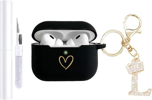متوافق مع غطاء حافظة AirPods Pro 3 (2025)، حافظة من السيليكون الناعم بنمط قلب ذهبي لحافظة AirPods Pro الجيل الثالث مع سلسلة مفاتيح مرصعة بأحجار الراين A-Z (M أسود) in Kuwait