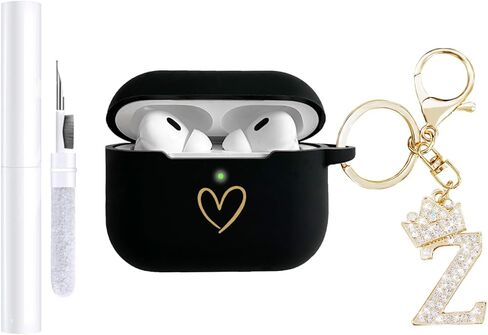 متوافق مع غطاء حافظة AirPods Pro 3 (2025)، حافظة من السيليكون الناعم بنمط قلب ذهبي لحافظة AirPods Pro الجيل الثالث مع سلسلة مفاتيح مرصعة بأحجار الراين A-Z (M أسود) in Kuwait