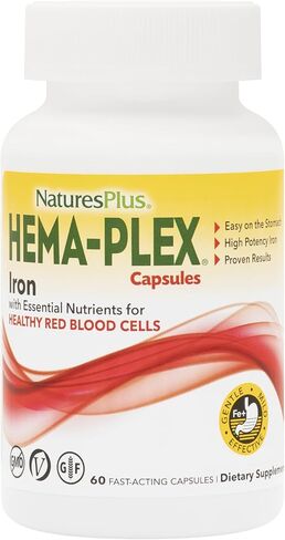 NaturesPlus Hema-Plex Iron - 60 كبسولة سريعة المفعول - 85 مجم من الحديد الأولي + فيتامين C والبيوفلافونويد لخلايا الدم الحمراء الصحية - نباتي، خالي من الغلوتين - 30 وجبة in Saudi Arabia