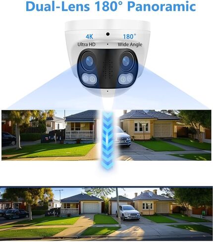 كاميرا بانورامية 8 ميجابكسل 4K بعدسة مزدوجة PoE IP Security خارجية بزاوية واسعة 180 درجة، رؤية ليلية بالألوان الكاملة 24/7، غلاف معدني، H265، IP66، NVR أو Windows PC مطلوب، كاميرا Onvif PoE IP، متوافقة مع NDAA in Saudi Arabia