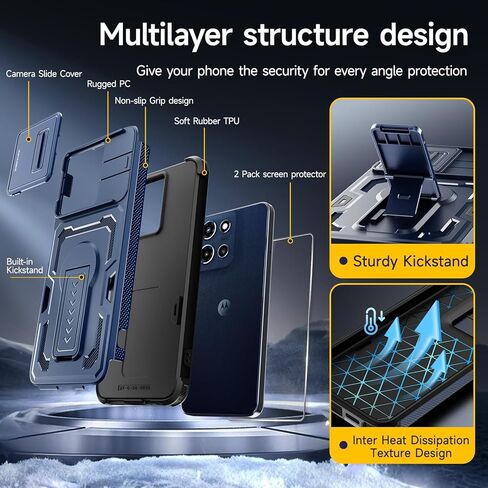 for Moto G Play 2026 Case, Moto G 2026/2025 Case with 2*Screen Protector, Upgrade Slide Camera Cover/Kickstand/Lanyard Strap, Military Grade Heavy Duty Shockproof Protective Phone Case, Blue in Saudi Arabia