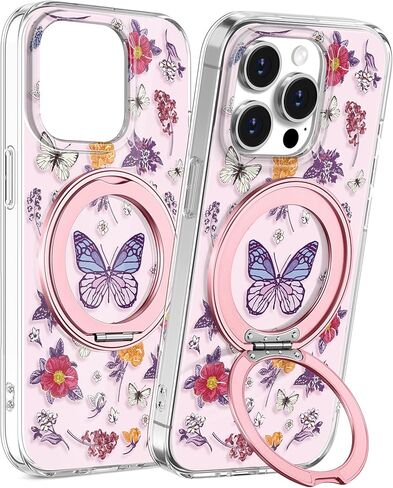 حافظة Loheckle لهاتف iPhone 17 مع حامل - متوافقة مع MagSafe Women Girls لطيف شفاف جرلي تصميم فريد من نوعه غطاء هاتف بحلقة مغناطيسية ناعمة من مادة TPU لهاتف Apple 17، زهرة أرجوانية in Saudi Arabia