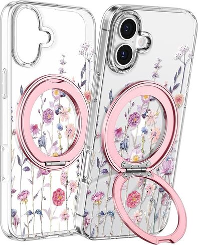 Loheckle for iPhone 17 Case with Stand- Compatible with MagSafe Women Girls Cute Clear Girly Aesthetic Unique Design Soft TPU Magnetic Ring Phone Cover for Apple 17, Purple Flower in Kuwait