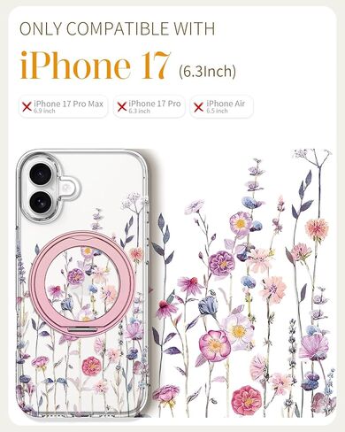 Loheckle for iPhone 17 Case with Stand- Compatible with MagSafe Women Girls Cute Clear Girly Aesthetic Unique Design Soft TPU Magnetic Ring Phone Cover for Apple 17, Purple Flower in Kuwait