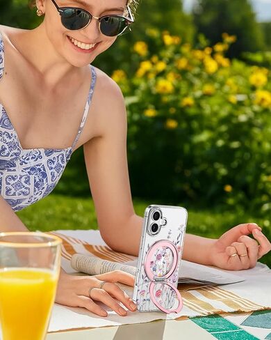 Loheckle for iPhone 17 Case with Stand- Compatible with MagSafe Women Girls Cute Clear Girly Aesthetic Unique Design Soft TPU Magnetic Ring Phone Cover for Apple 17, Purple Flower in Kuwait